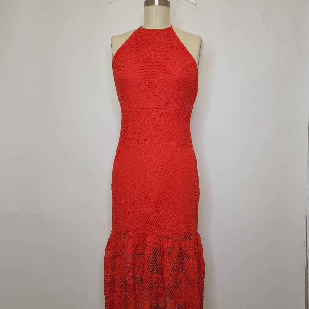 Forever 21 Halter Neck Dress Small Poppy Red Orange Scallop Lace Semi Stretch